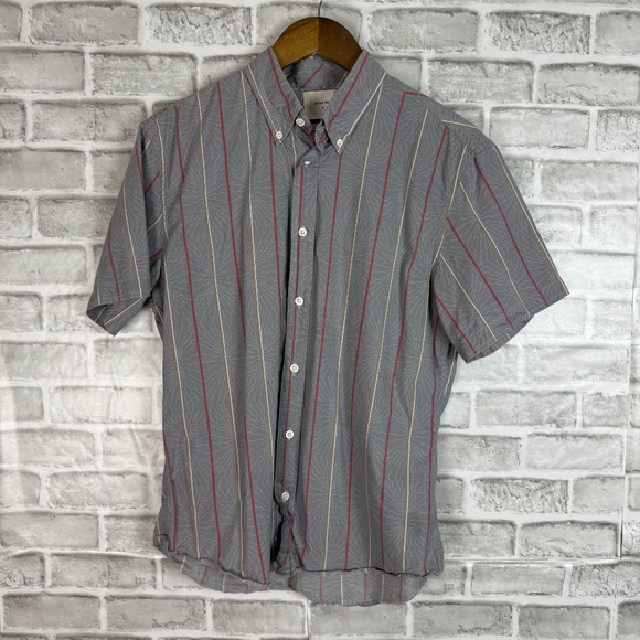Billy Reid Slim Fit Gray 90s Striped SS Casual Button Down Shirt Mens MEDIUM - Picture 1 of 7